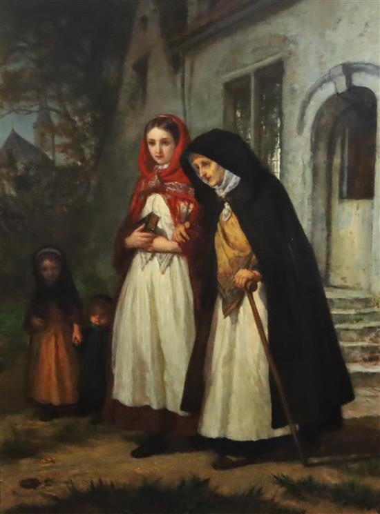 Eugene Francois de Block (Belgian 1812-1893) Women attending church 28.25 x 21.25in.